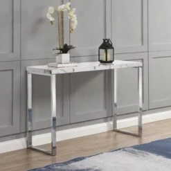 BIASCA High Gloss Marble Effect 120cm Console Table With Silver Chrome Legs