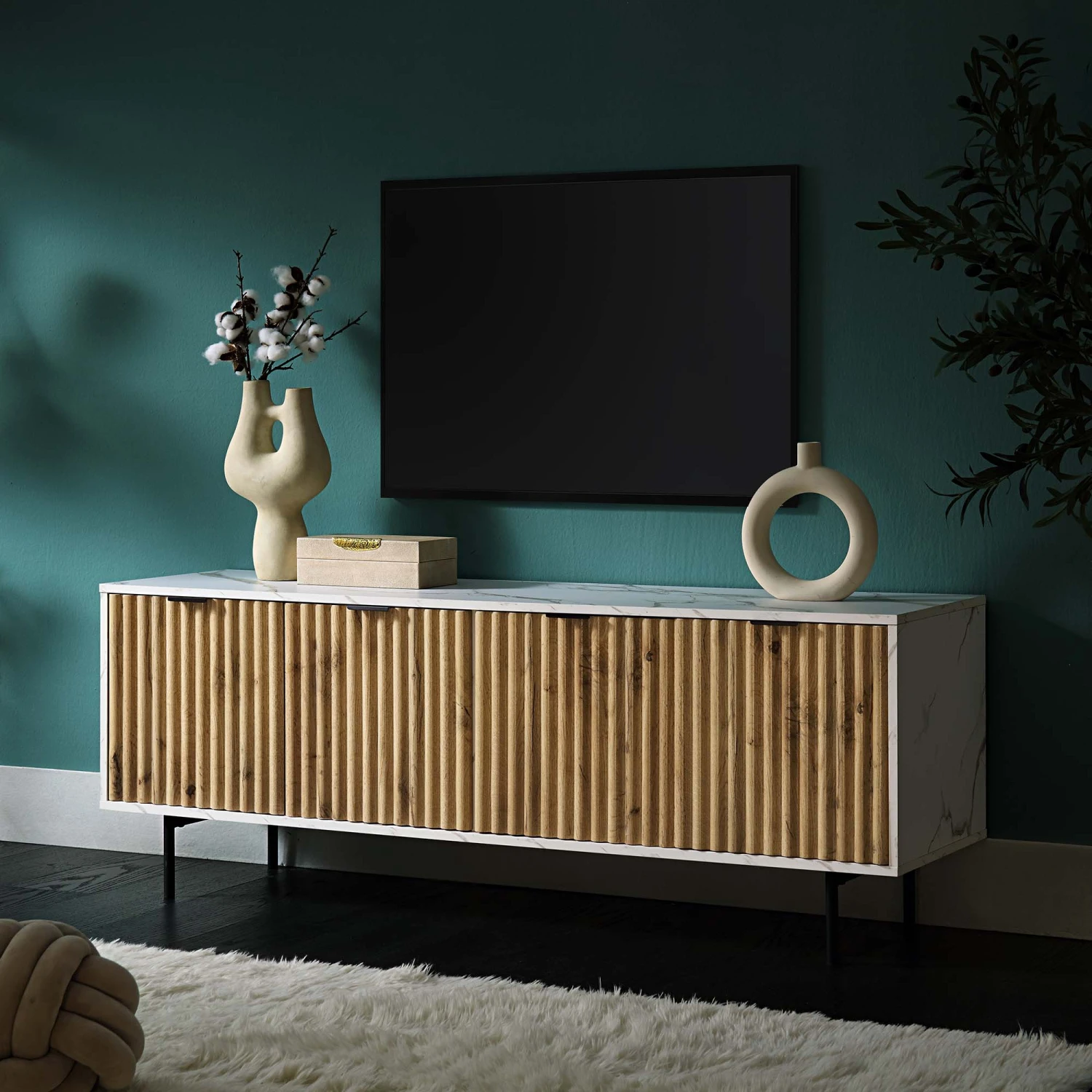 Aspen 150cm TV Unit β Oak Textured Doors and Marble Effect Frame with Black Metal Legs 1 Aspen 150cm TV Unit β Oak Textured Doors and Marble Effect Frame with Black Metal Legs