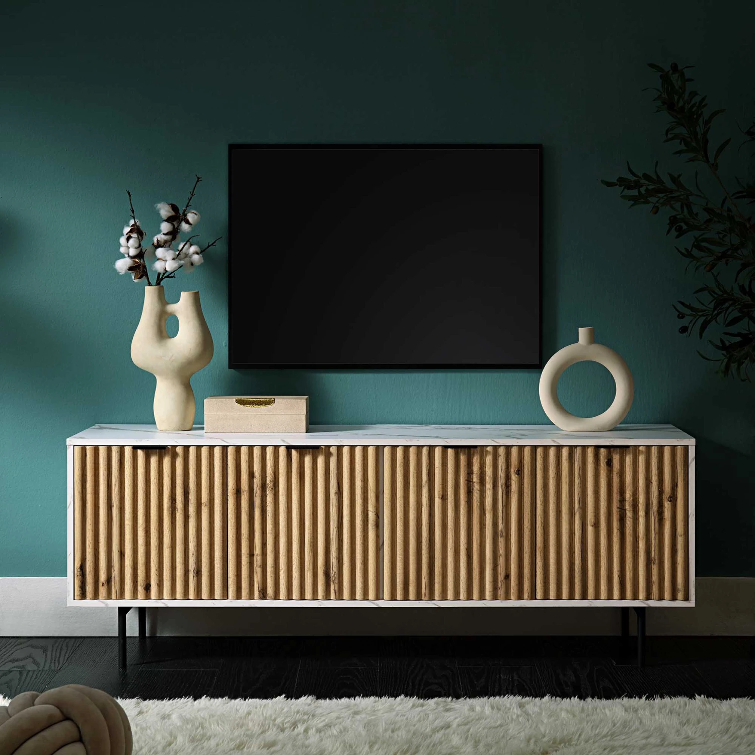 Aspen 150cm TV Unit β Oak Textured Doors and Marble Effect Frame with Black Metal Legs 2 Aspen 150cm TV Unit β Oak Textured Doors and Marble Effect Frame with Black Metal Legs - Image 2