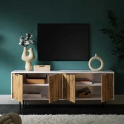Aspen 150cm TV Unit β Oak Textured Doors and Marble Effect Frame with Black Metal Legs 15 Aspen 150cm TV Unit β Oak Textured Doors and Marble Effect Frame with Black Metal Legs -Daals Store BSD 084 scene2