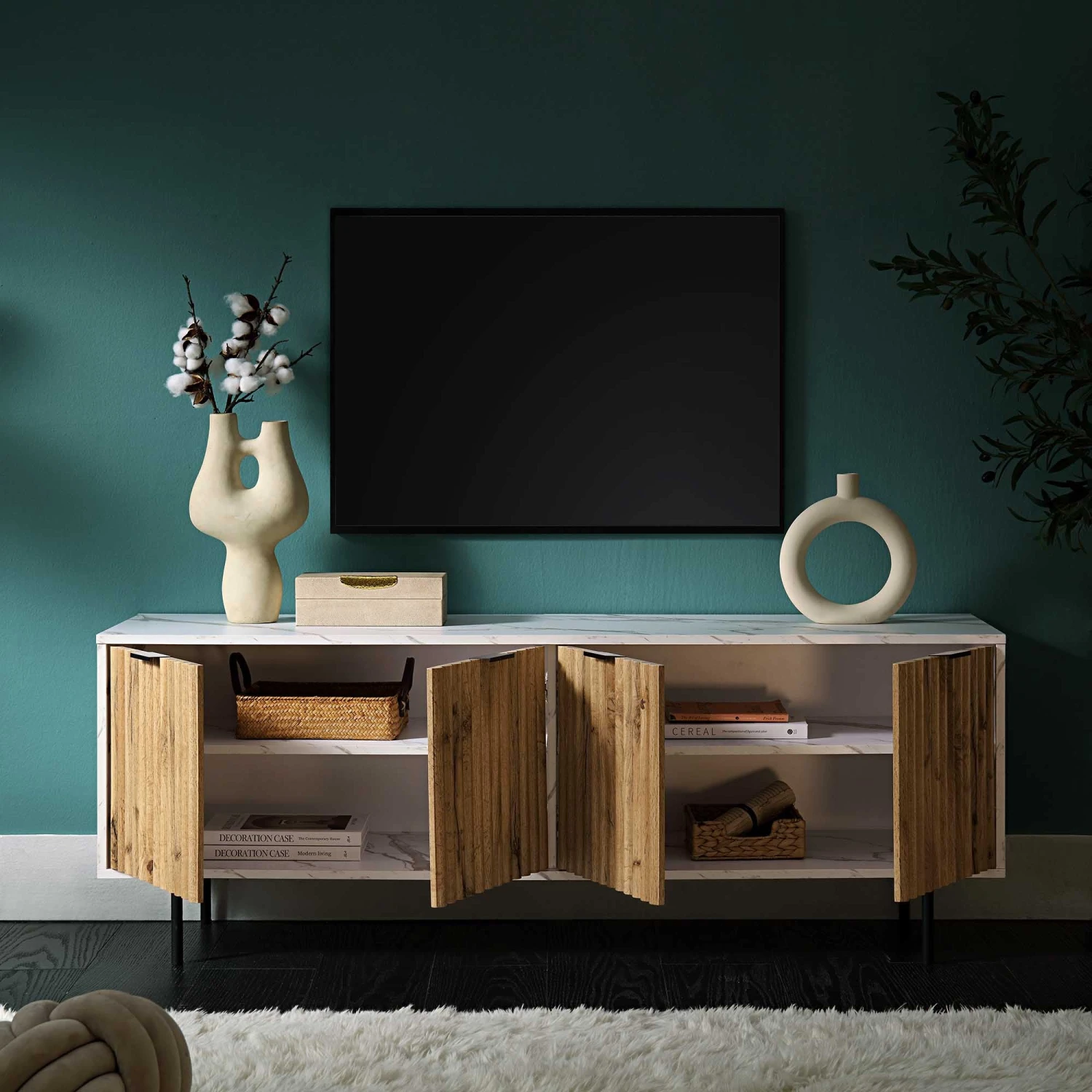 Aspen 150cm TV Unit β Oak Textured Doors and Marble Effect Frame with Black Metal Legs 3 Aspen 150cm TV Unit β Oak Textured Doors and Marble Effect Frame with Black Metal Legs - Image 3