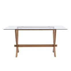 Lugano 160cm Rectangular Clear Glass Dining Table – Solid Oak Cross Leg Design -Daals Store BSD 088 OAK WB3