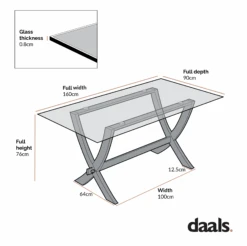 Lugano 160cm Rectangular Clear Glass Dining Table – Solid Oak Cross Leg Design -Daals Store BSD 088 CHART