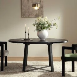 BERN Extending Round Dining Table With Metal Legs, Black -Daals Store BSD 092 BLACK scene2