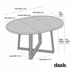 BERN 110-150cm Extending Round Dining Table - Oak Veneer with Black Metal Legs Industrial Style -Daals Store BSD 092 CHART