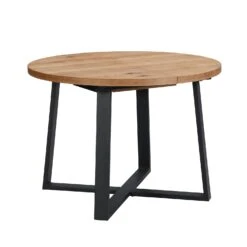 BERN 110-150cm Extending Round Dining Table - Oak Veneer with Black Metal Legs Industrial Style -Daals Store BSD 092 OAK WB2