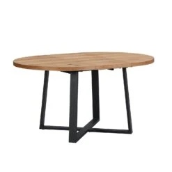 BERN 110-150cm Extending Round Dining Table - Oak Veneer with Black Metal Legs Industrial Style -Daals Store BSD 092 OAK WB3