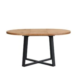 BERN 110-150cm Extending Round Dining Table - Oak Veneer with Black Metal Legs Industrial Style -Daals Store BSD 092 OAK WB4
