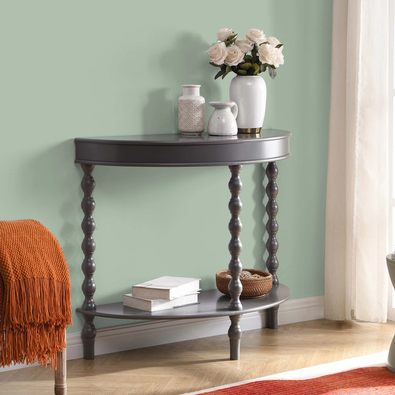 Aldwinke Dark Grey Bobbin Demilune Console Table 1 Aldwinke Dark Grey Bobbin Demilune Console Table