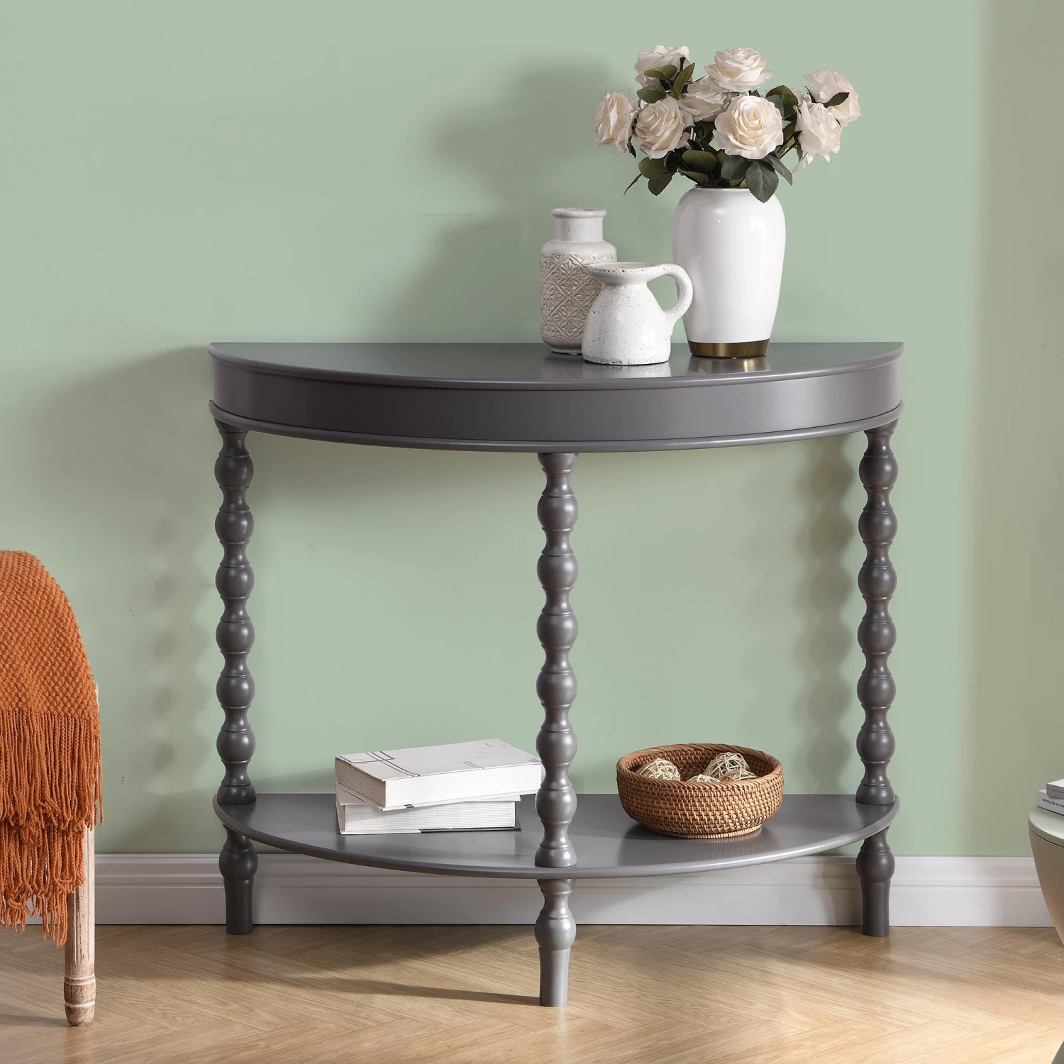 Aldwinke Dark Grey Bobbin Demilune Console Table 2 Aldwinke Dark Grey Bobbin Demilune Console Table - Image 2
