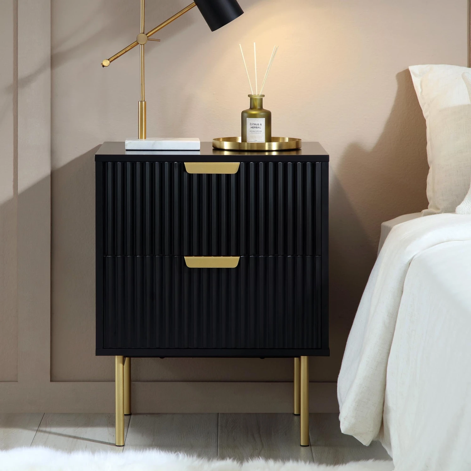 Richmond Ridged 2 Drawer Bedside Table, Matte Black 1 Richmond Ridged 2 Drawer Bedside Table, Matte Black