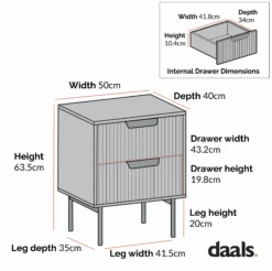Richmond Ridged 2 Drawer Bedside Table, Light Ash -Daals Store BSD 105 CHART 4