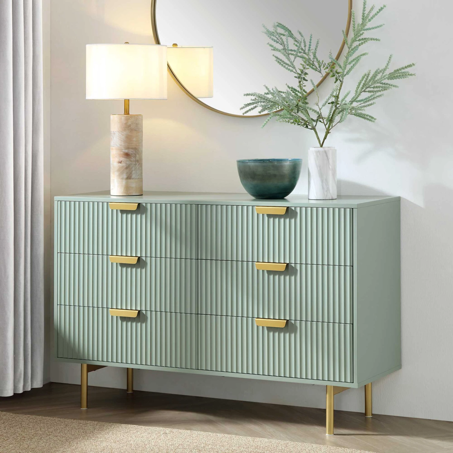 Richmond Ridged Wide Chest Of 6 Drawers, Matte Sage Green 1 Richmond Ridged Wide Chest Of 6 Drawers, Matte Sage Green