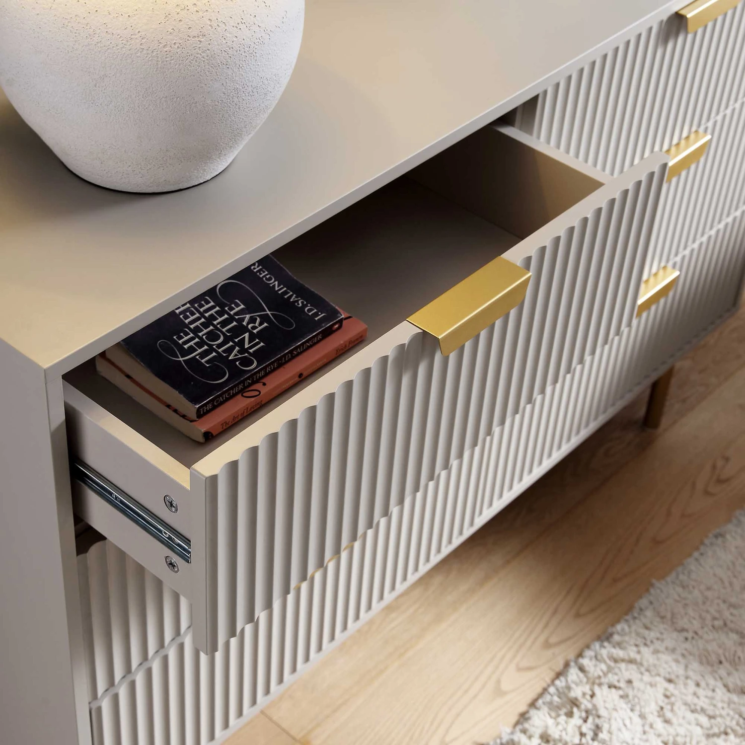 Richmond Ridged Wide Chest Of 6 Drawers, Matte Taupe 3 Richmond Ridged Wide Chest Of 6 Drawers, Matte Taupe - Image 3