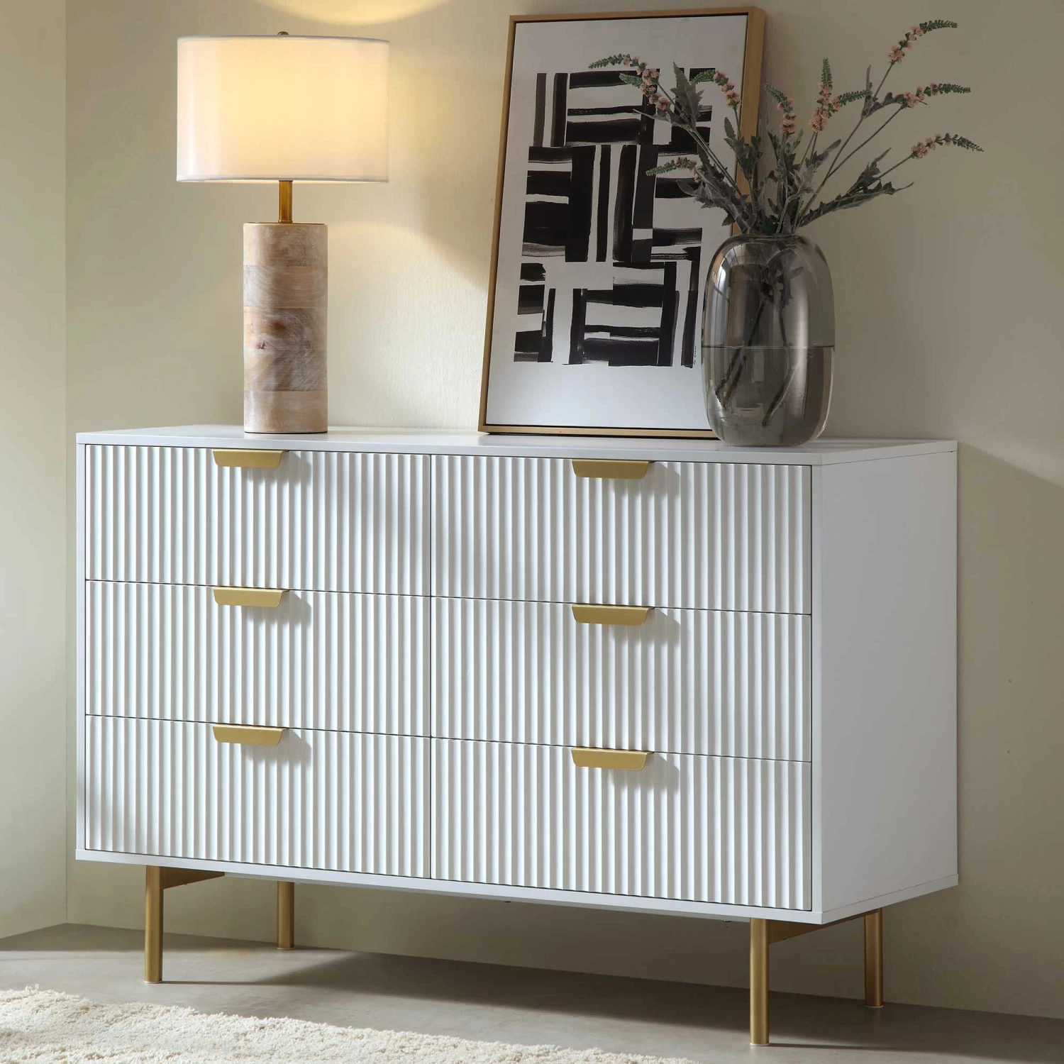 Richmond Ridged Wide Chest Of 6 Drawers, Matte White 1 Richmond Ridged Wide Chest Of 6 Drawers, Matte White