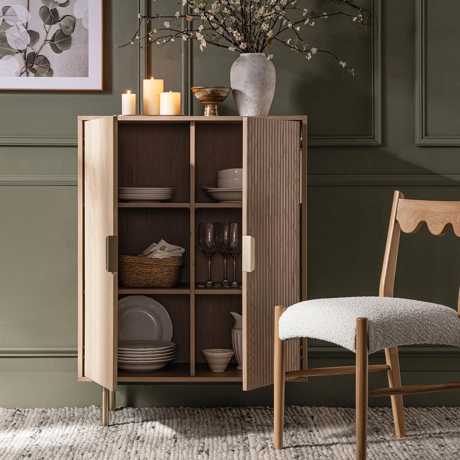 Richmond Ridged Highboard Storage Cabinet, Light Ash 3 Richmond Ridged Highboard Storage Cabinet, Light Ash - Image 3