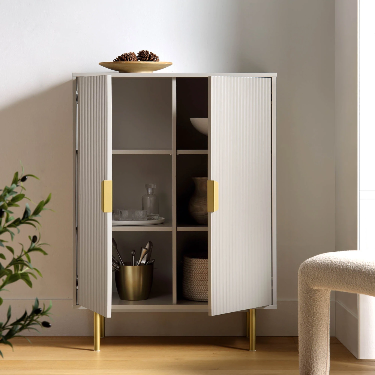 Richmond Ridged Highboard Storage Cabinet, Matte Taupe 3 Richmond Ridged Highboard Storage Cabinet, Matte Taupe - Image 3