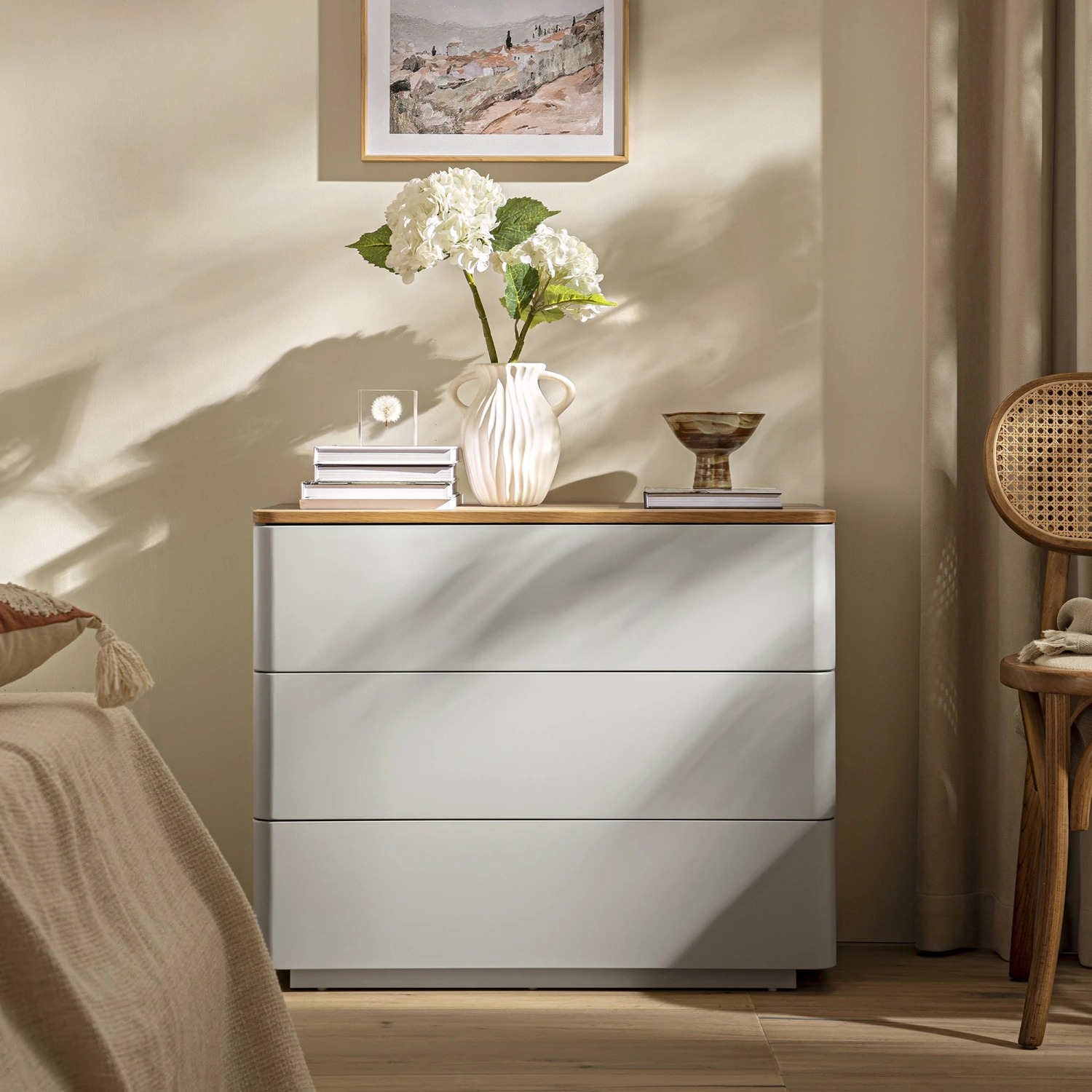 Agnes Curved Edge Chest Of 3 Drawers, Dove Grey With Oak Top 2 Agnes Curved Edge Chest Of 3 Drawers, Dove Grey With Oak Top - Image 2
