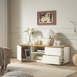 Agnes 150cm White and Oak TV Unit β Curved Edge Minimalist Stand with Push-to-Open Storage 18 Agnes 150cm White and Oak TV Unit β Curved Edge Minimalist Stand with Push-to-Open Storage -Daals Store BSD 118 WHITE scene2