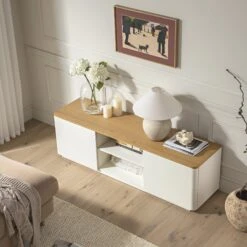 Agnes 150cm White and Oak TV Unit β Curved Edge Minimalist Stand with Push-to-Open Storage 19 Agnes 150cm White and Oak TV Unit β Curved Edge Minimalist Stand with Push-to-Open Storage -Daals Store BSD 118 WHITE scene3