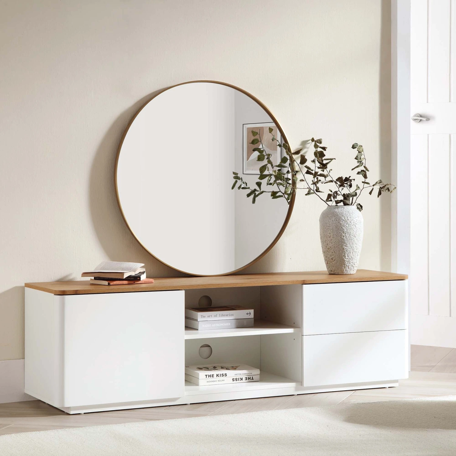 Agnes 150cm White and Oak TV Unit β Curved Edge Minimalist Stand with Push-to-Open Storage 5 Agnes 150cm White and Oak TV Unit β Curved Edge Minimalist Stand with Push-to-Open Storage - Image 5