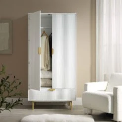 Richmond Ridged Double Wardrobe With Drawer, Matte White 16 Richmond Ridged Double Wardrobe With Drawer, Matte White -Daals Store BSD 122 WHITE scene2