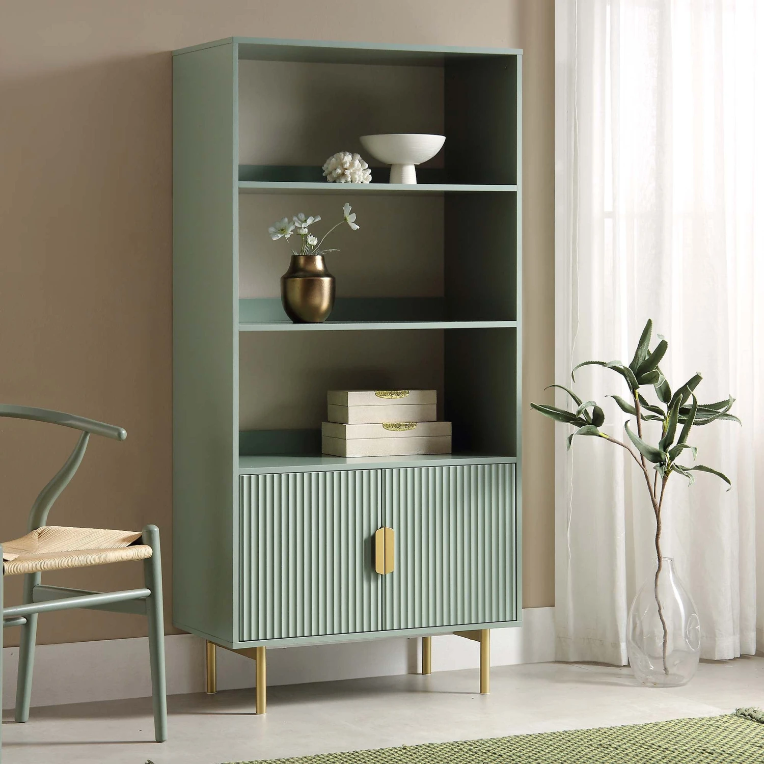 Richmond Ridged Tall Bookcase With Doors, Matte Sage Green 1 Richmond Ridged Tall Bookcase With Doors, Matte Sage Green