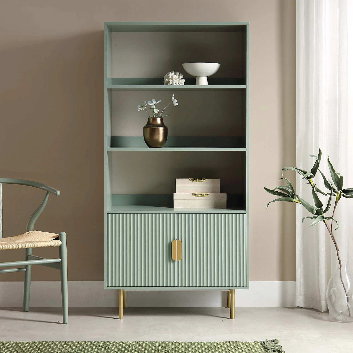 Richmond Ridged Tall Bookcase With Doors, Matte Sage Green 2 Richmond Ridged Tall Bookcase With Doors, Matte Sage Green - Image 2