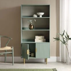Richmond Ridged Tall Bookcase With Doors, Matte Sage Green 15 Richmond Ridged Tall Bookcase With Doors, Matte Sage Green -Daals Store BSD 124 SAGE scene2