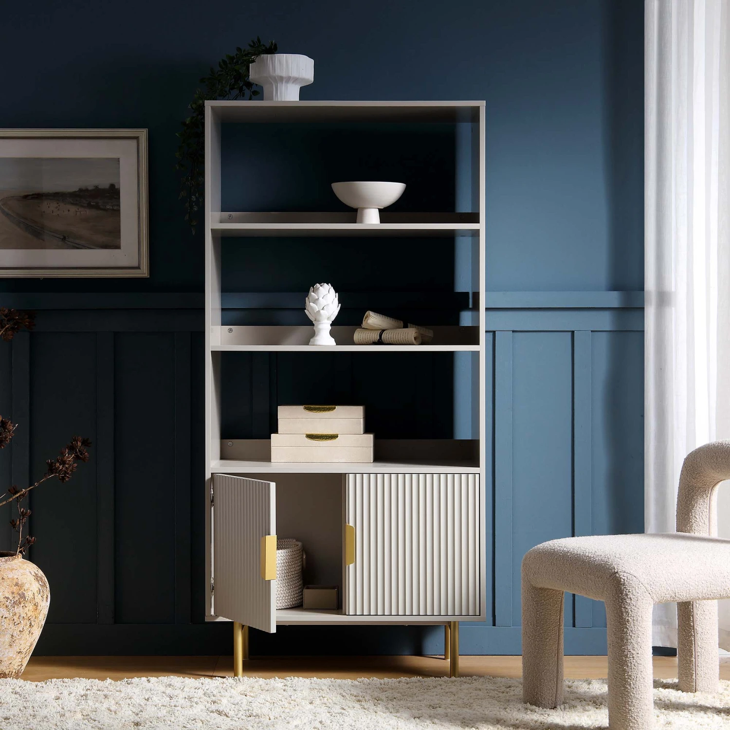 Richmond Ridged Tall Bookcase With Doors, Matte Taupe 3 Richmond Ridged Tall Bookcase With Doors, Matte Taupe - Image 3