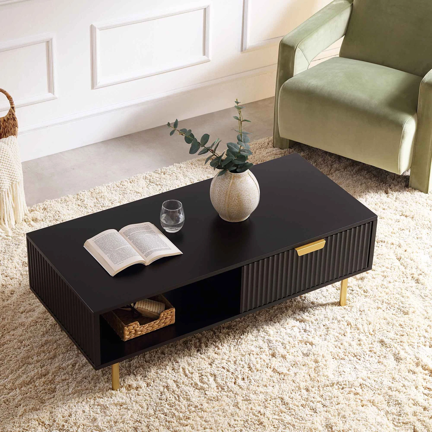 Richmond Ridged Coffee Table With Drawer, Matte Black 3 Richmond Ridged Coffee Table With Drawer, Matte Black - Image 3