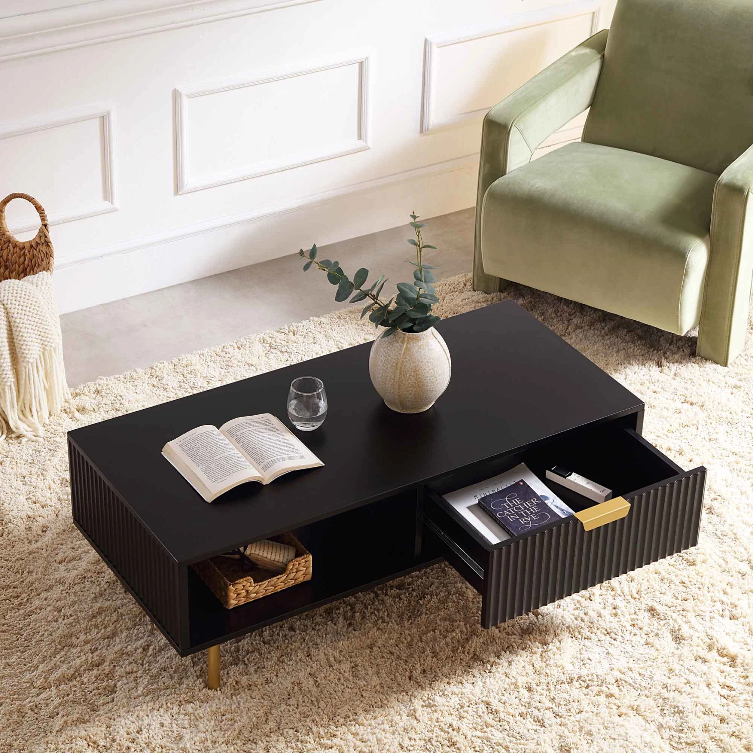 Richmond Ridged Coffee Table With Drawer, Matte Black 4 Richmond Ridged Coffee Table With Drawer, Matte Black - Image 4