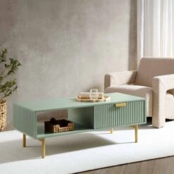 Richmond Ridged Coffee Table With Drawer, Matte Sage Green