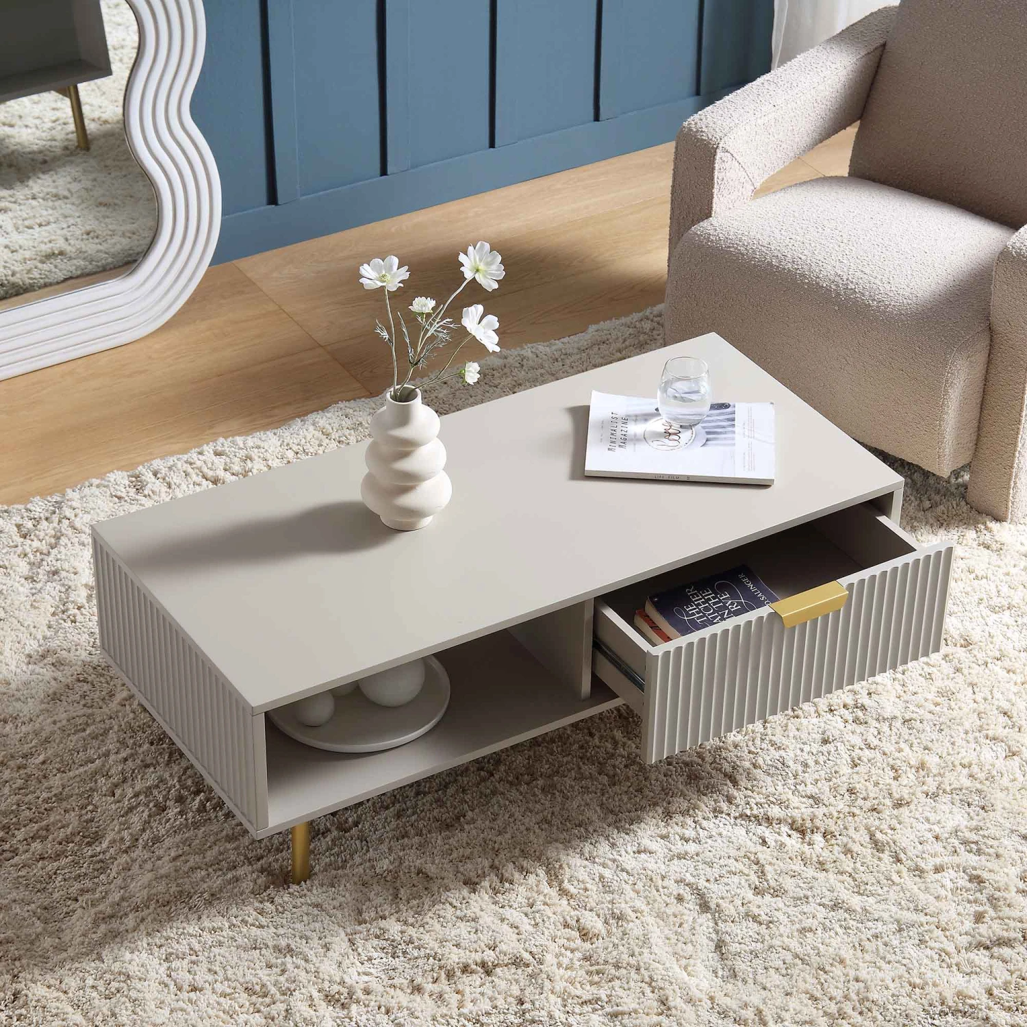 Richmond Ridged Coffee Table With Drawer, Matte Taupe 2 Richmond Ridged Coffee Table With Drawer, Matte Taupe - Image 2