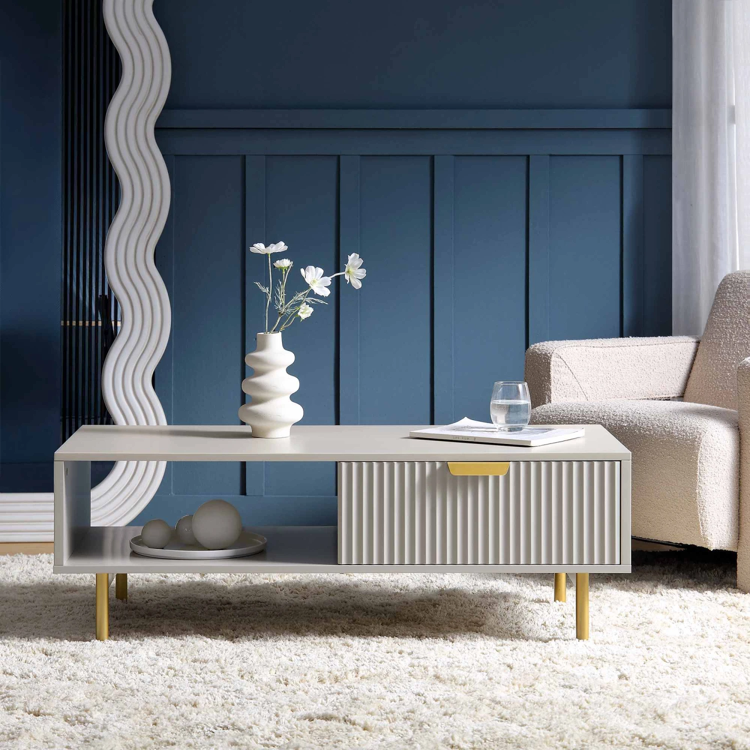 Richmond Ridged Coffee Table With Drawer, Matte Taupe 3 Richmond Ridged Coffee Table With Drawer, Matte Taupe - Image 3