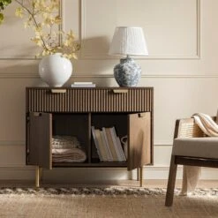 Richmond Dark Ash Ridged 2-Door Cabinet – Textured Wood Storage with Gold Accents -Daals Store BSD 126 DARKWOOD scene2