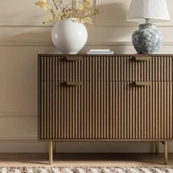 Richmond Dark Ash Ridged 2-Door Cabinet – Textured Wood Storage with Gold Accents -Daals Store BSD 126 DARKWOOD scene3