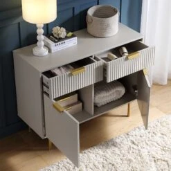 Richmond Ridged 2-Door Cabinet with 2 Drawers – Matte Taupe and Gold Contemporary Industrial Sideboard -Daals Store BSD 126 TAUPE scene2