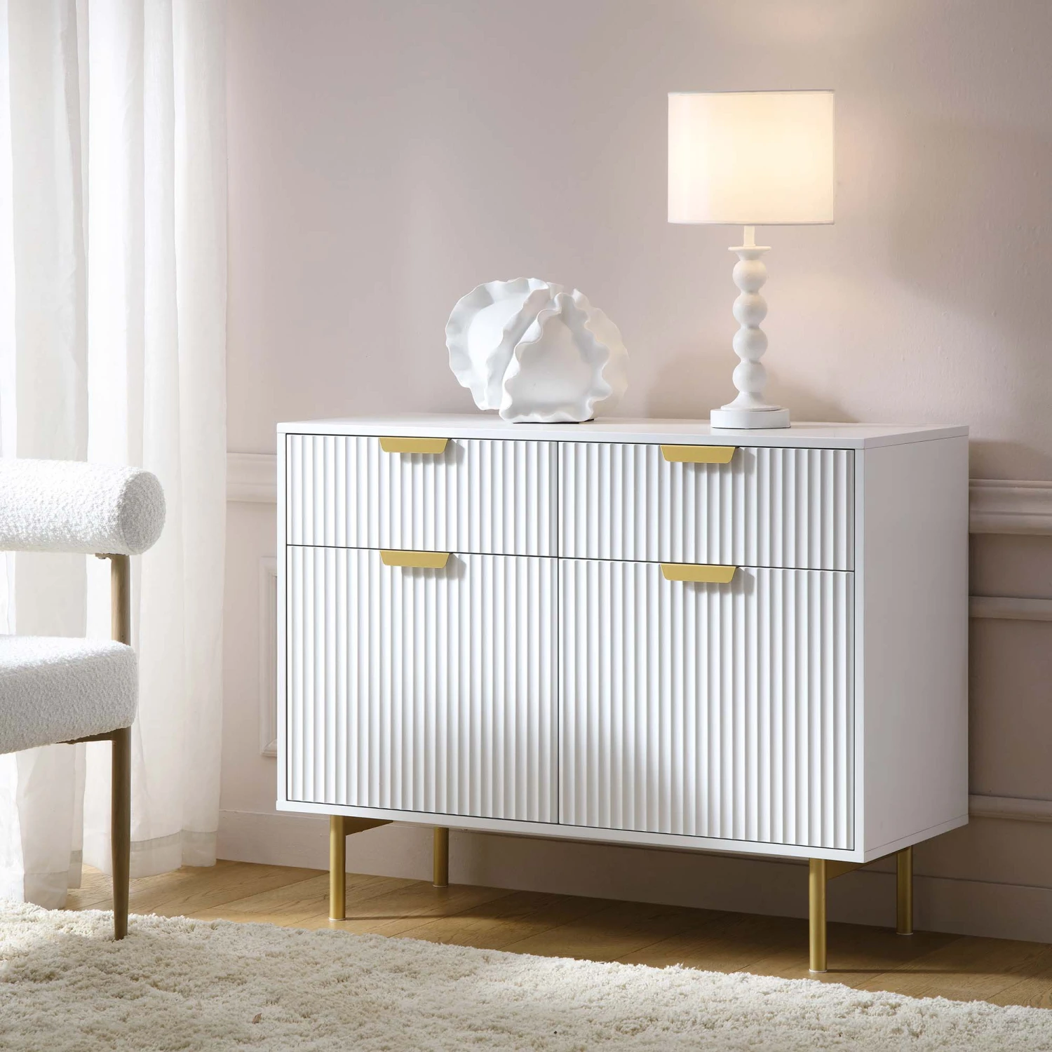 Richmond Ridged 2-Door Cabinet with Drawers β Matte White and Gold Luxe Sideboard 1 Richmond Ridged 2-Door Cabinet with Drawers β Matte White and Gold Luxe Sideboard