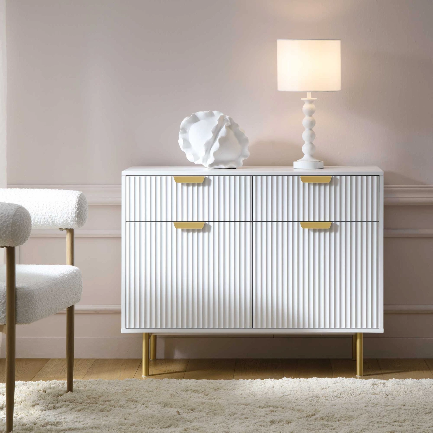 Richmond Ridged 2-Door Cabinet with Drawers β Matte White and Gold Luxe Sideboard 2 Richmond Ridged 2-Door Cabinet with Drawers β Matte White and Gold Luxe Sideboard - Image 2