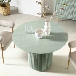 Maru Sage Green Round Oak Pedestal Dining Table – Japandi Fluted Base Design -Daals Store BSD 134 SAGE scene1
