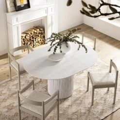 Maru Round 4-6 Seater Extending Oak Pedestal Dining Table – Washed White Japandi Fluted Base -Daals Store BSD 135 WHITE scene2
