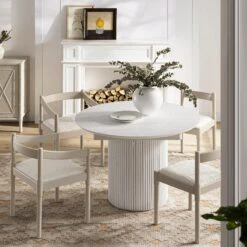 Maru Round 4-6 Seater Extending Oak Pedestal Dining Table – Washed White Japandi Fluted Base -Daals Store BSD 135 WHITE scene3