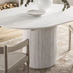 Maru Round 4-6 Seater Extending Oak Pedestal Dining Table – Washed White Japandi Fluted Base -Daals Store BSD 135 WHITE scene6