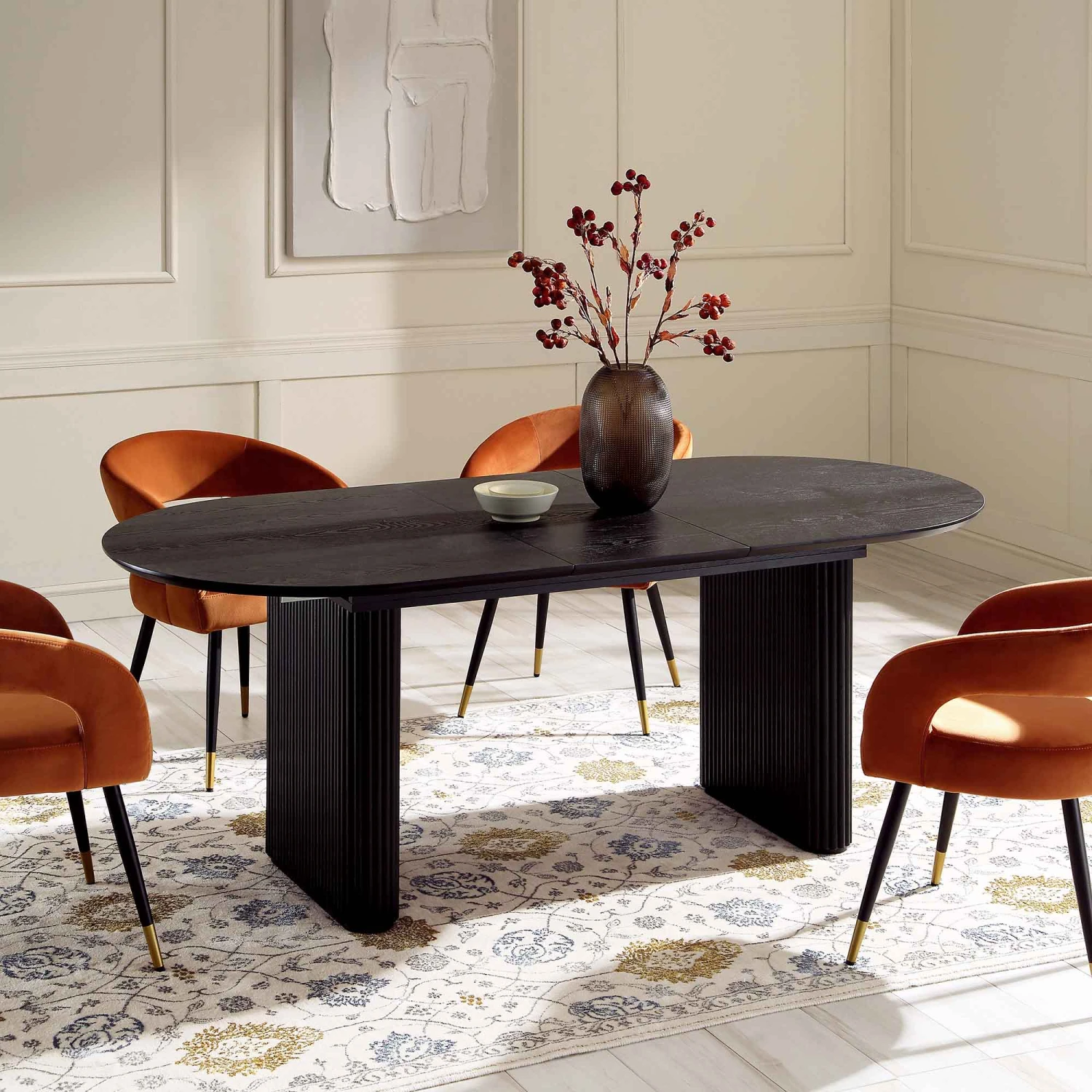 Maru Black Oak Oval Extending Dining Table β 6-8 Seater Japandi Double Pedestal with Fluted Detail 1 Maru Black Oak Oval Extending Dining Table β 6-8 Seater Japandi Double Pedestal with Fluted Detail