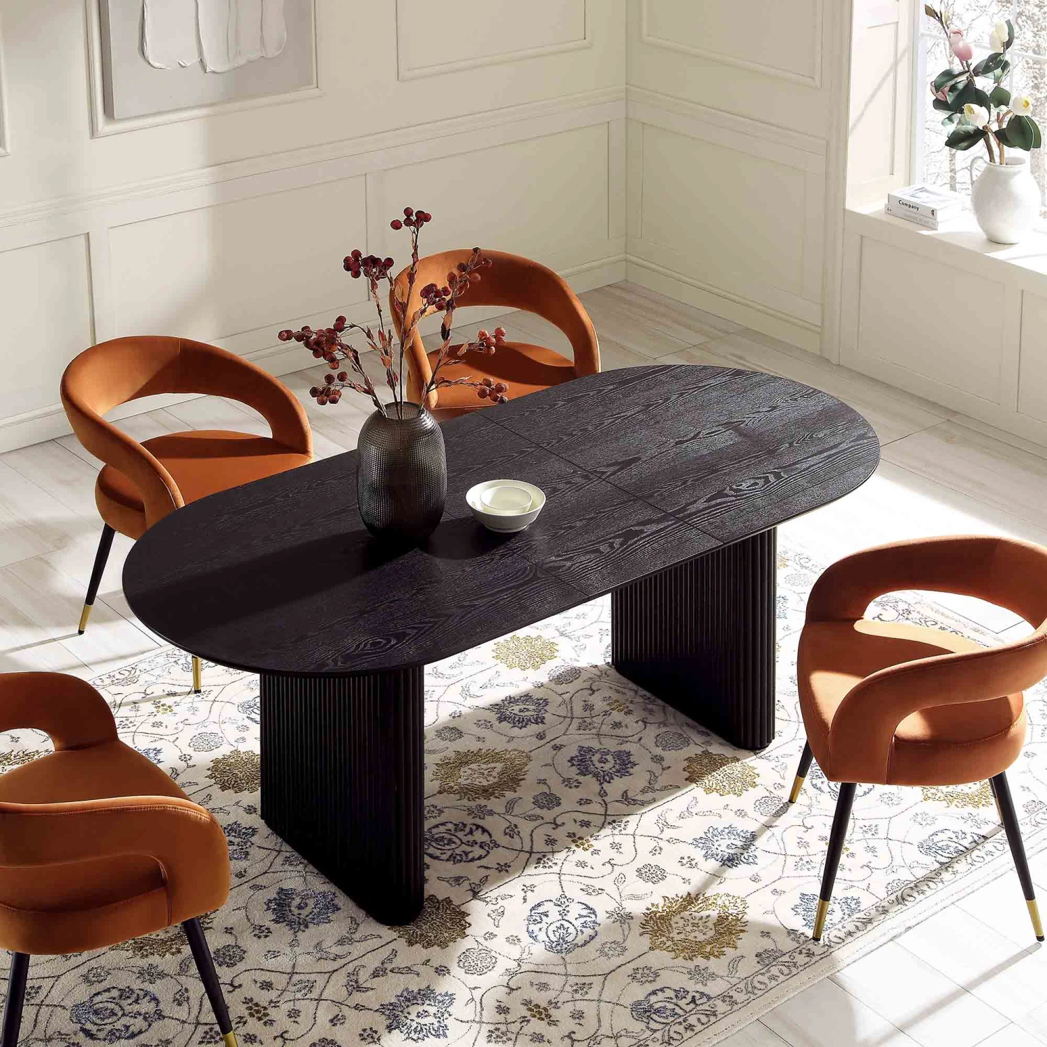 Maru Black Oak Oval Extending Dining Table β 6-8 Seater Japandi Double Pedestal with Fluted Detail 2 Maru Black Oak Oval Extending Dining Table β 6-8 Seater Japandi Double Pedestal with Fluted Detail - Image 2