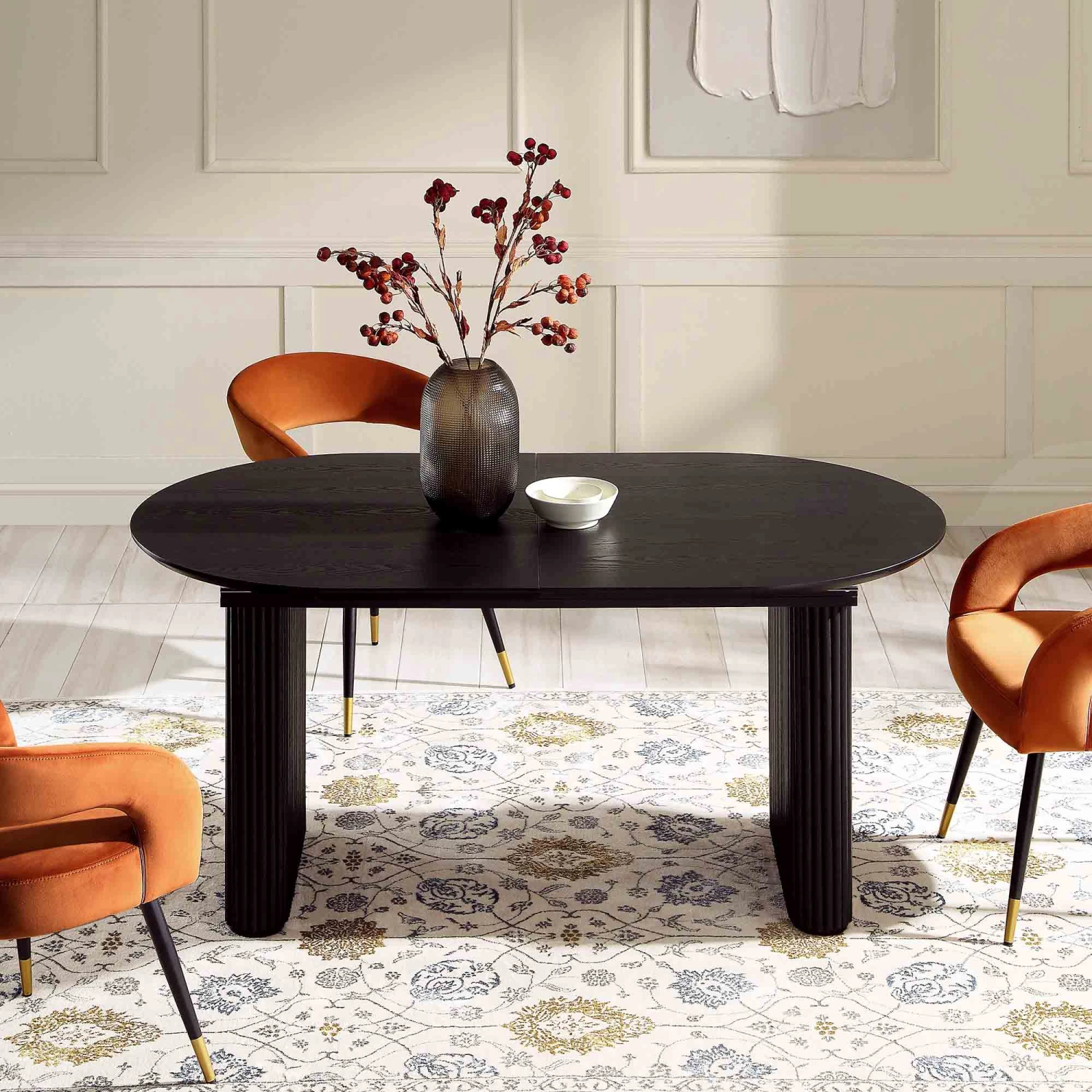 Maru Black Oak Oval Extending Dining Table β 6-8 Seater Japandi Double Pedestal with Fluted Detail 4 Maru Black Oak Oval Extending Dining Table β 6-8 Seater Japandi Double Pedestal with Fluted Detail - Image 4