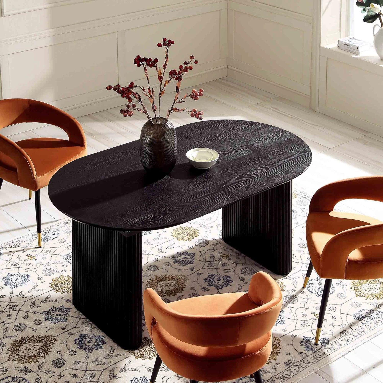 Maru Black Oak Oval Extending Dining Table β 6-8 Seater Japandi Double Pedestal with Fluted Detail 5 Maru Black Oak Oval Extending Dining Table β 6-8 Seater Japandi Double Pedestal with Fluted Detail - Image 5