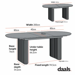 Maru Oval 160-200cm Extending Oak Dining Table – Washed White Fluted Pedestal Japandi Table -Daals Store BSD 136 CHART 1