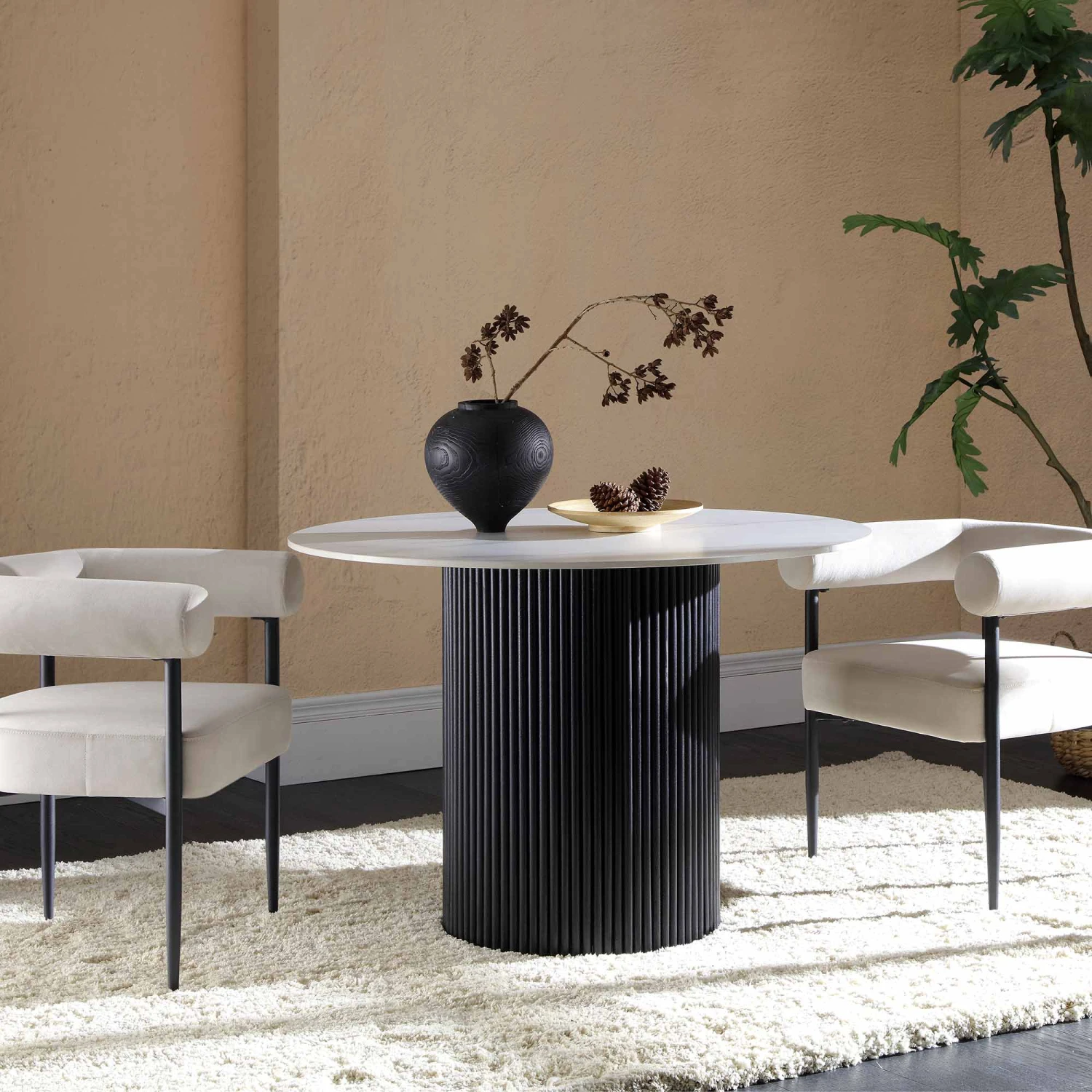 Maru 110cm Round Dining Table β Black Fluted Oak Pedestal with White Ceramic Top 1 Maru 110cm Round Dining Table β Black Fluted Oak Pedestal with White Ceramic Top